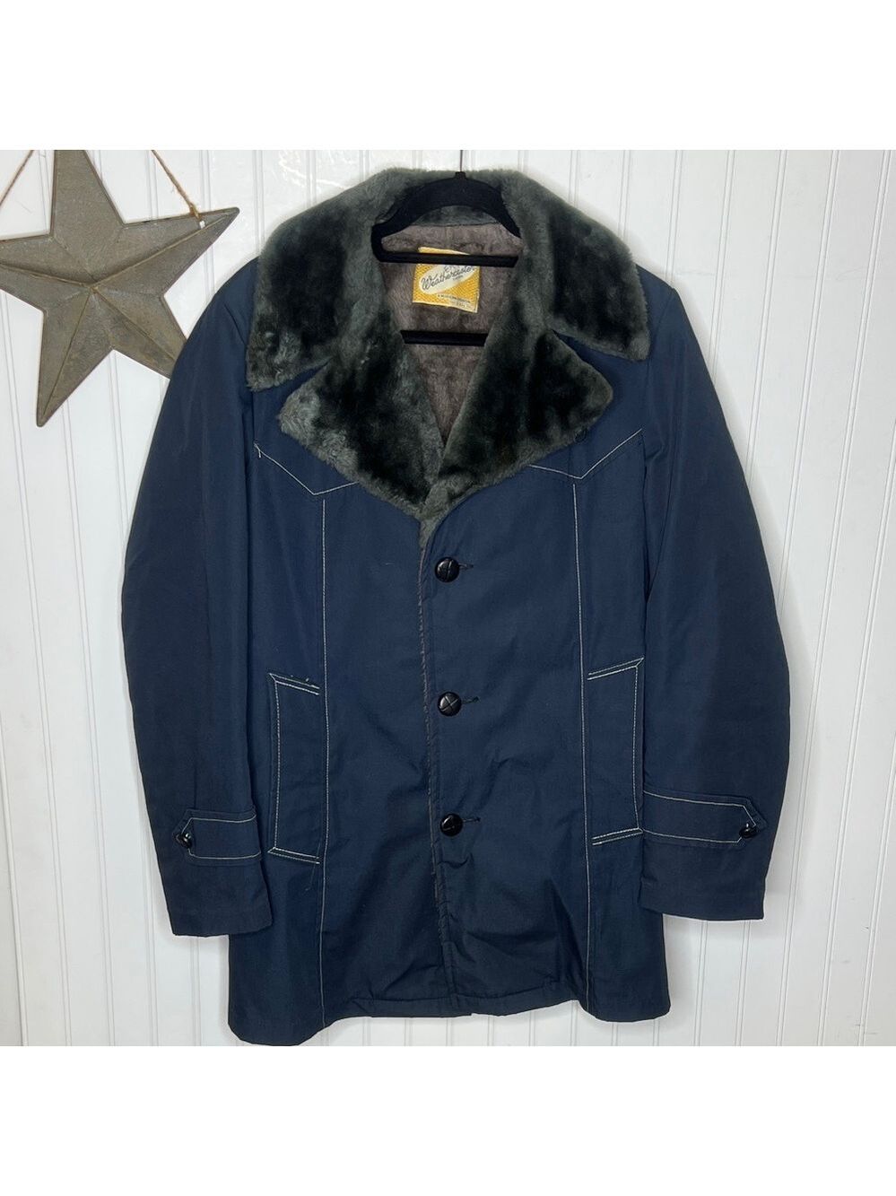 Vintage Dark Blue Jacket with Faux Fur Collar Size Medium